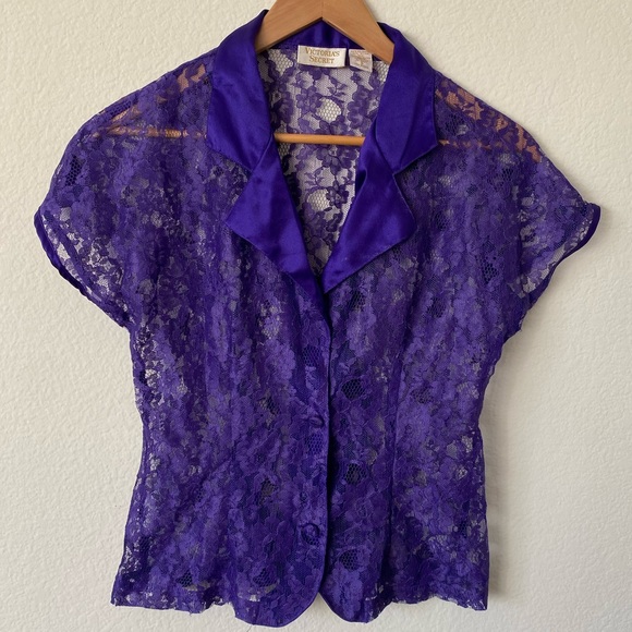 Victoria's Secret Vintage Gold Label Purple Lace Button Up Short Sleeve Top - Picture 1 of 4